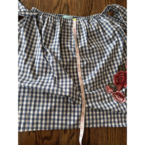Karlie Off Shoulder Blue Gingham Top 100% Cotton Embroidered Rose Size Small - Picture 7 of 9
